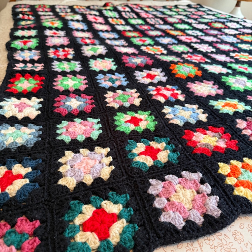 Vintage Handmade Crochet Granny Square Blanket Multi Color Black Afghan 62x50